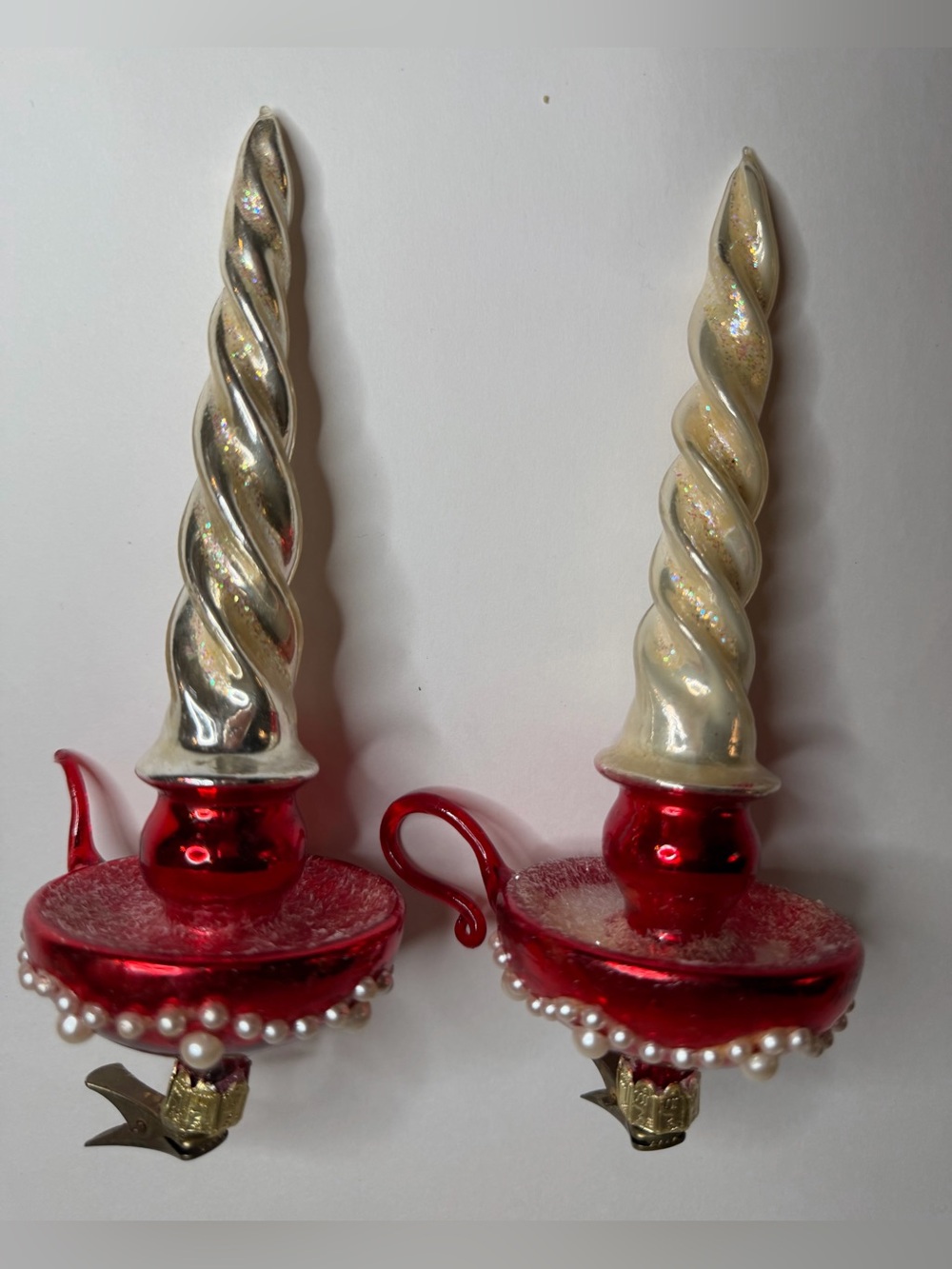 Vintage Pair Of Santa's Best Christmas Ornament Icicle Red White Perls Clip